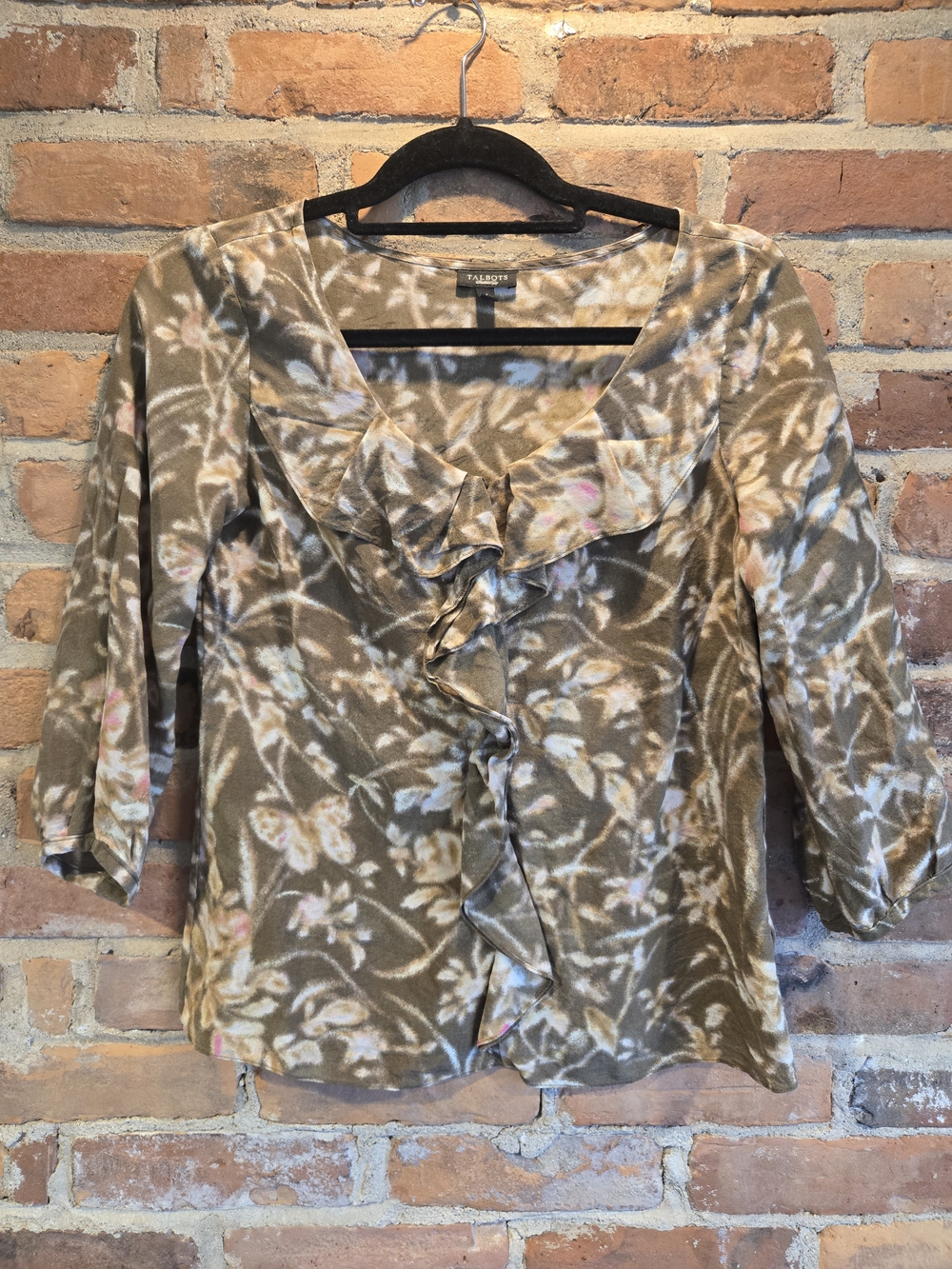 Talbots Olive Floral Ruffle Front Women's Top